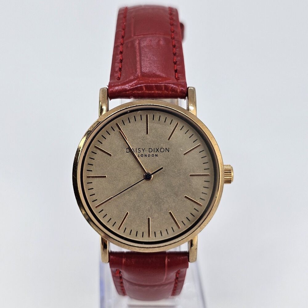 Daisy Dixon London Women Watch 34MM Gold Dial New Red Leather Bands New Battery